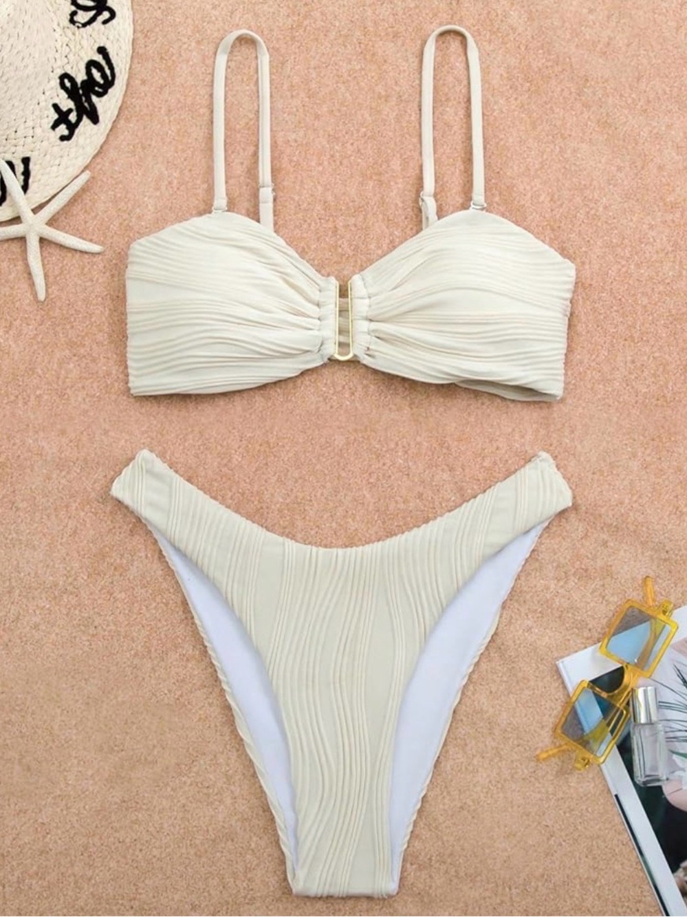 Cream Textured Bandeau Bikini Set